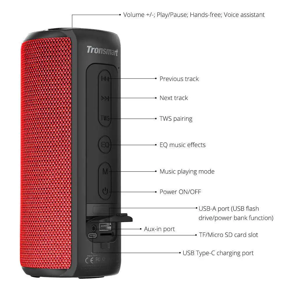Tronsmart Element T6 Plus Portable Bluetooth 5.0 Speaker With 40W Max Output, Deep Bass, IPX6 Waterproof, TWS - Red 4 Tronsmart Element T6 Plus Portable Bluetooth 5.0 Speaker With 40W Max Output, Deep Bass, IPX6 Waterproof, TWS - Red - Image 2